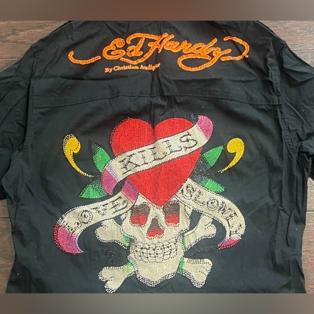 Ed Hardy Women's Black Skull Love Kills Slowly Button Down Size Medium VTG Y2K